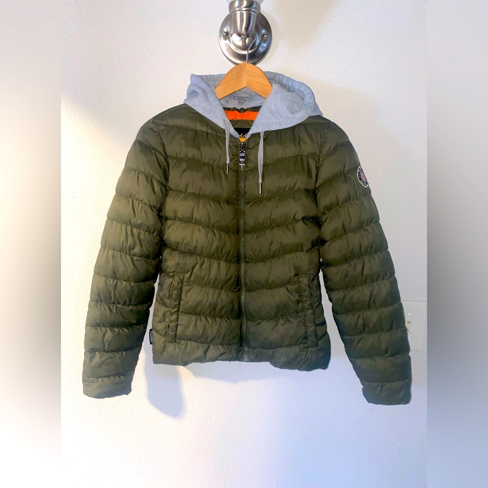 Madden NYC Olive Green Puffer Jacket with Gray Removable Hood S/P